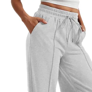 Comfortable women's high waisted wide leg sweatpants with drawstring in grey finish
