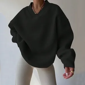 Minimalist black oversized women's long sleeve sweatshirt with ribbed V-neckline detail