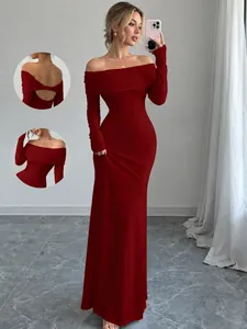 Elegant red off-shoulder long-sleeve mermaid maxi evening gown for women gala dress