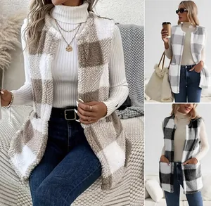 Gilet en polaire sherpa à carreaux pour femmes, style cardigan ample et décontracté