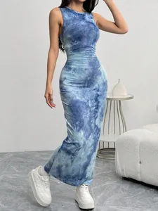 Damen Sexy Ärmelloses Batik-Druck Midi-Kleid Slim Fit Strick Bodycon Tank-Kleid Für Sommer Strand Casual Party Oberteil Und Unterteil