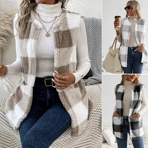Gilet Femme à Carreaux en Peluche Cardigan Ample Veste Sans Manches Avec Poches Hiver Chaud Laine Top