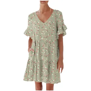 Casual summer sage green floral V-neck dress featuring ruffle sleeves and side pockets for women
