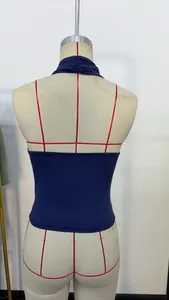 Back view of a navy blue halter neck crop top on a professional tailor mannequin