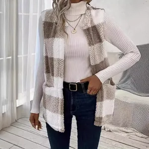 Gilet à carreaux à la mode pour femmes en polaire sherpa duveteuse avec coupe décontractée