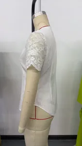 Side view of white slim fit top with elegant lace hollow-out short sleeves on mannequin