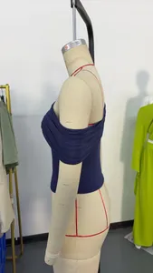 Side view of navy blue halter top with ruched off-the-shoulder sleeve detail.