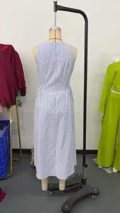 Rear view of a French-style blue and white striped sleeveless maxi dress on a mannequin