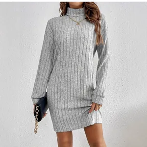 Elegant grey ribbed turtleneck long-sleeve sweater dress for women, ideal for autumn fashion