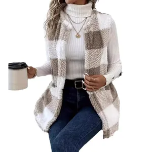 Gilet en polaire à carreaux pour femme, veste sans manches douce et ample, style décontracté
