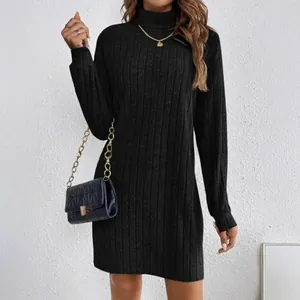 Elegant black ribbed knit turtleneck long sleeve mini dress for women autumn fashion