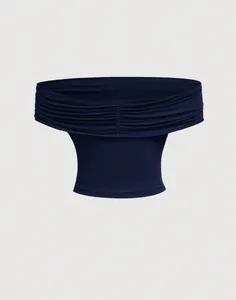 Elegant navy blue off-the-shoulder ruched crop top with a minimalist and sexy design