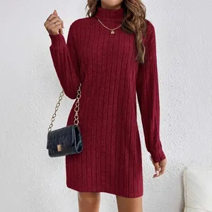 Elegant burgundy ribbed turtleneck long sleeve midi dress for stylish autumn fashion look