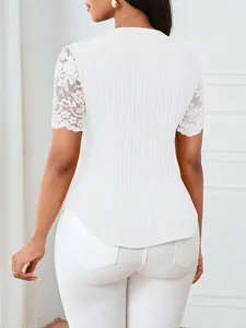 Back view of a white slim-fit ribbed short-sleeve top with delicate lace hollow sleeves