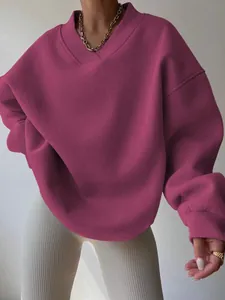 Oversized solid magenta v-neck sweatshirt, loose fit casual autumn wear for women