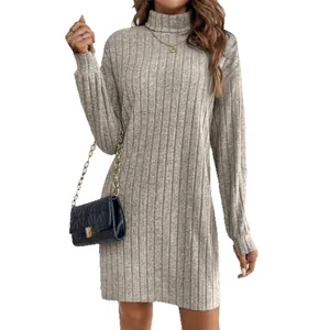 Elegant grey ribbed turtleneck long sleeve knit mini dress for women's stylish autumn fashion