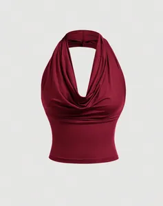 Elegant maroon halter neck top featuring a stylish draped cowl neckline and slim-fit cut.