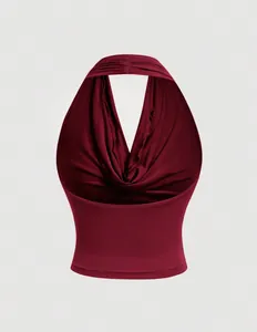 Back view of burgundy halter neck top with sexy draped cowl front and elastic fabric