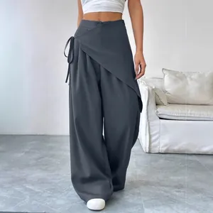 Minimalist women's irregular waist wide-leg suit trousers in charcoal grey with tie detail