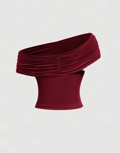 Detailed view of burgundy off-the-shoulder ruched sexy versatile top
