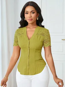 Fashionable slim fit lime green rib-knit V-neck top featuring floral lace hollow sleeves