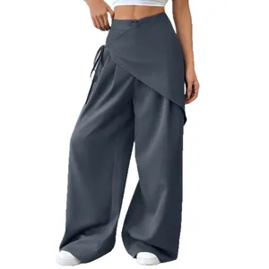High-waisted dark grey wide-leg suit pants with irregular layered design for women