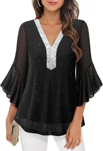 Detail view of women's sequin V-neck top with flared sleeves and shimmering black fabric.