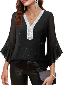 Detailed view of elegant black sparkly women's top with sequin V-neck and flared bell sleeves.