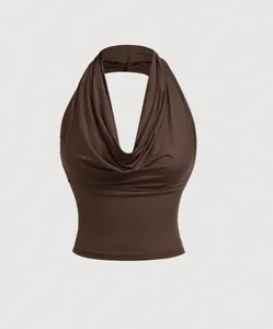 Detailed view of the elegant dark brown draped cowl neck halter top for women's fashion