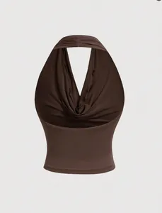 Detailed visual view of a brown cowl neck halter top with elegant draped fabric