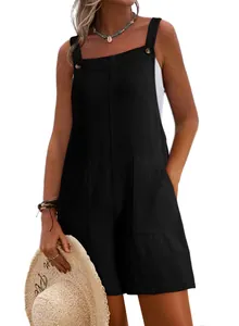 Mono corto tipo peto negro informal para mujer con bolsillos grandes y pernera ancha