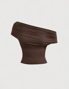 Elegant brown off-the-shoulder top featuring stylish draped ruched detailing for women