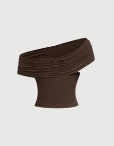 Chic dark brown one-shoulder draped crop top with elegant pleated detailing for women.