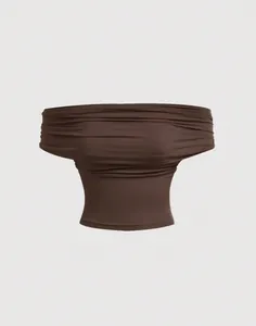 Detailed view of dark brown ruched tube top with flattering off-shoulder design