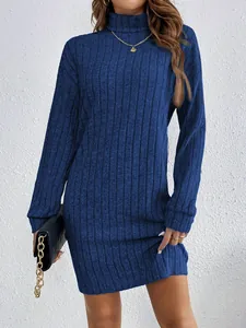 Elegant navy blue high-neck long-sleeve ribbed knit mini dress for autumn fashion