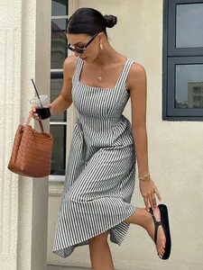 Elegant French style square neck sleeveless striped long dress with high waist fit