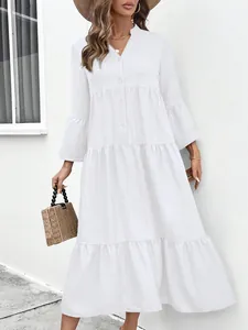 Women Casual V Neck Maxi Dress Tiered A-Line Mori Style Long Flare Sleeve Sweet Pullover Quilted Solid Patchwork Dress