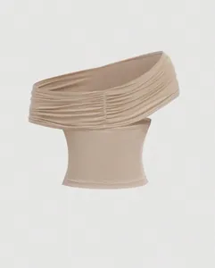 Close-up detail of a versatile tan ruched one-shoulder tube top with elegant pleating