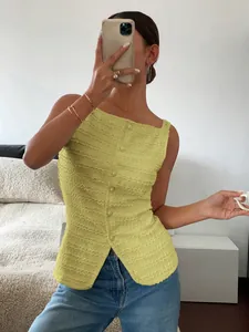 Detailed view of lime green textured sleeveless slim vest featuring single-breasted button design