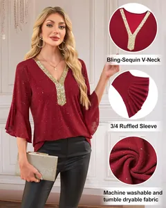 Detail view of sequin V-neck and 3/4 ruffle sleeves on burgundy sparkling top