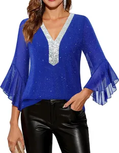Elegant royal blue sequin top with silver V-neck and ruffled bell sleeves detail