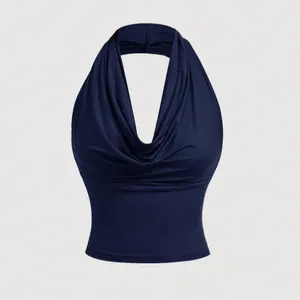 Chic navy blue halter neck top with a plunging cowl neckline and fitted silhouette