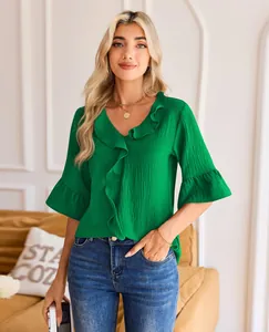 Elegant emerald green V-neck ruffle blouse with stylish bell sleeves for women casual wear