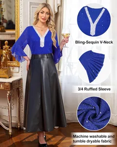 Detail of blue sequined V-neck top with ruffled sleeves and machine washable fabric.