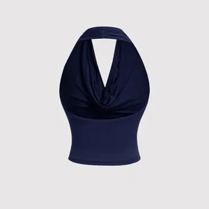 Elegant navy blue halter neck vest with a sexy cowl front design for women's fashion