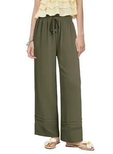 Fashionable high-waisted olive green wide-leg pants with elegant hollow-out hem detail