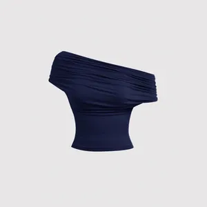 Chic navy blue off-the-shoulder ruched top for women versatile sexy fashion summer wear