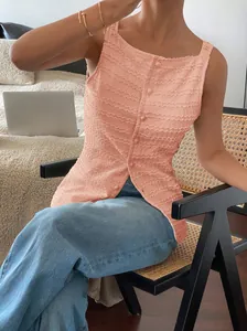 Detailed texture of pink single-breasted sleeveless slim fit ruffled vest for women