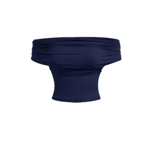 Elegant navy blue off-the-shoulder ruched top with a slim fit versatile design for women