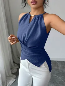 Débardeur dos nu bleu sexy sans manches avec détail croisé à la taille et perles en bois